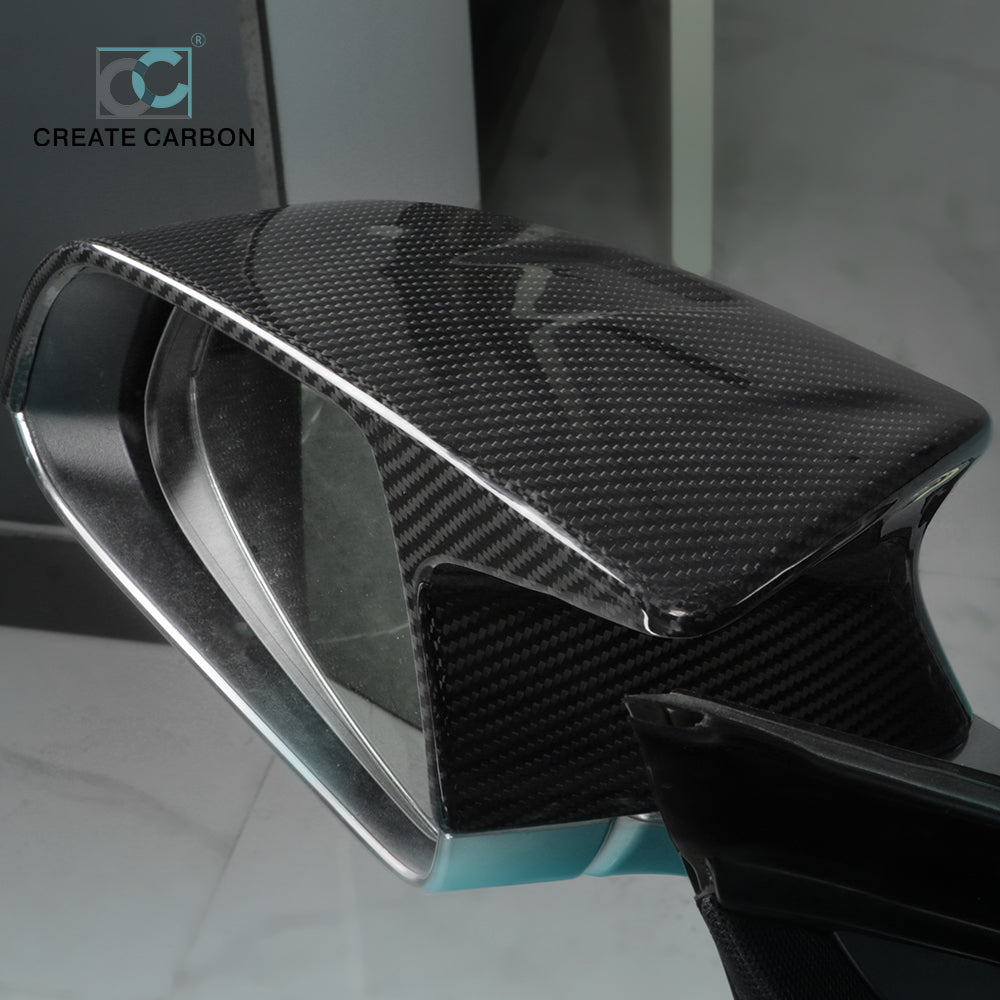 CREATE CARBON Dry Carbon Fiber Horn Style Rear Mirror Cover for Tesla Model 3 & Y - Sleek Exterior Enhancement