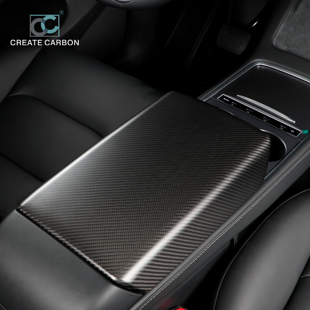 CREATE CARBON Dry Carbon Fiber Center Console Armrest Protector for Tesla Model 3 & Y - Premium Interior Protection