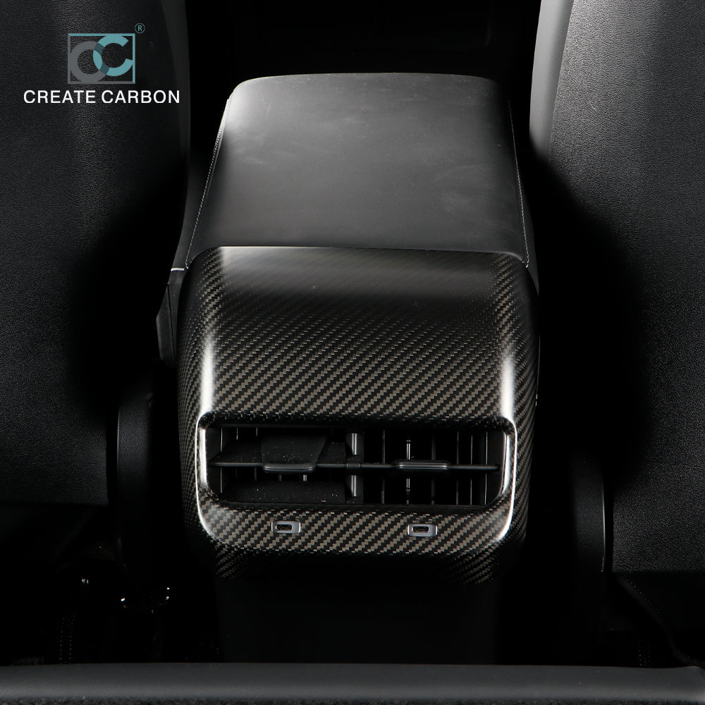 CREATE CARBON Dry Carbon Fiber Rear Armrest Box Air Outlet Patch Cover for Tesla Model 3 & Model Y (2017-2024)