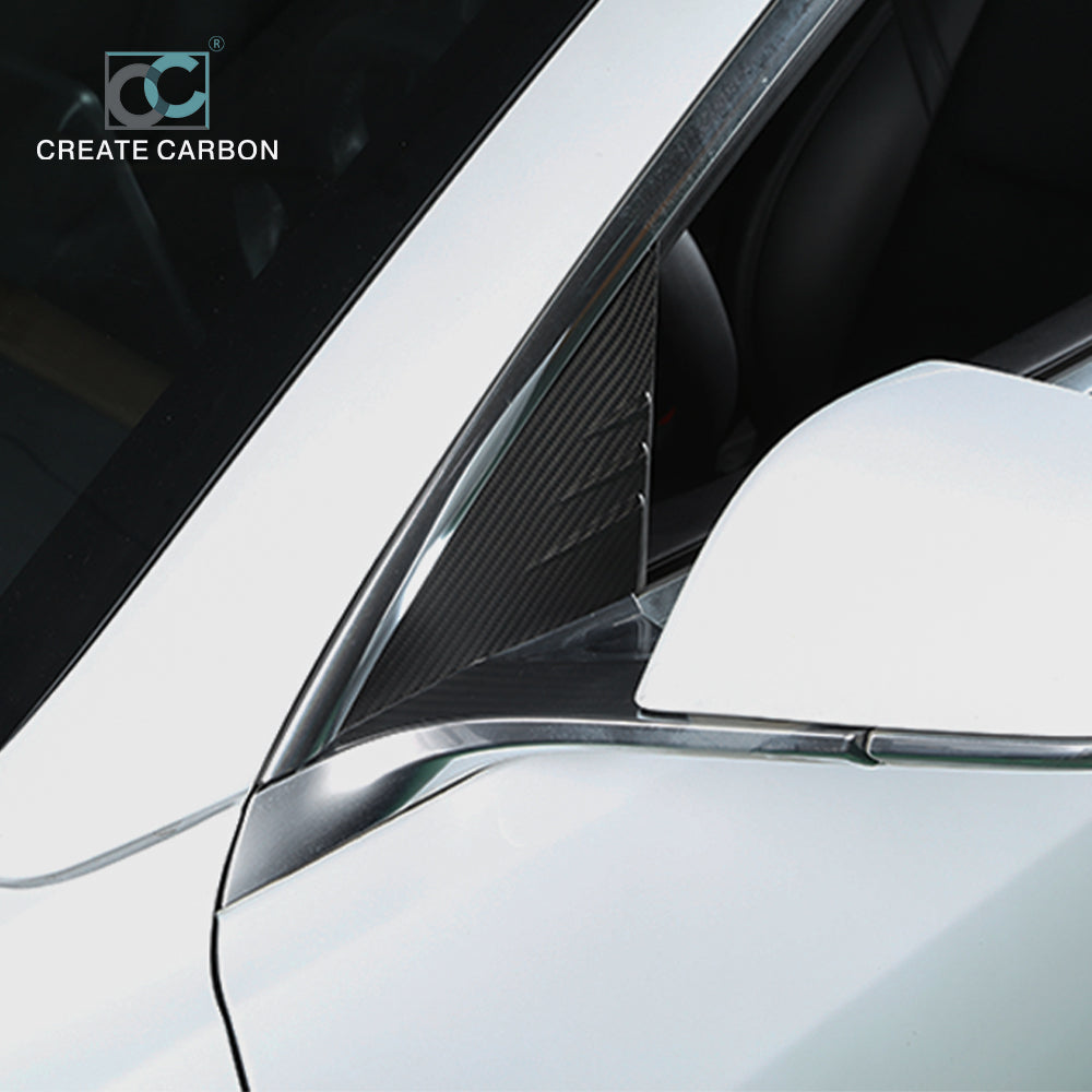 CREATE CARBON Dry Carbon Fiber A-Pillar Triangular Window Trim for Tesla Model 3 & Y - Sleek & Durable Exterior Upgrade