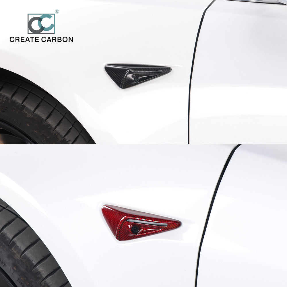 CREATE CARBON Dry Carbon Fiber Car Body Fender Camera Radar Decorative Cover for Tesla Model 3 & Y - Sleek Exterior Enhancement