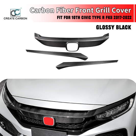 Real Carbon Fiber Front Grille Cover & Headlight Eyebrow Cover For Honda Civic Type R FK8 (2017–2021)